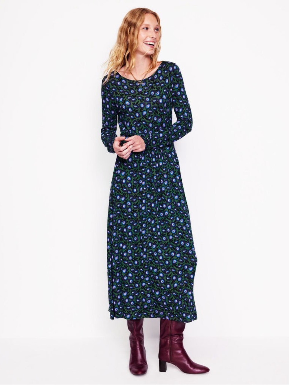 Boden Amelie long sleeve midi dress in pine pansy size 6Long